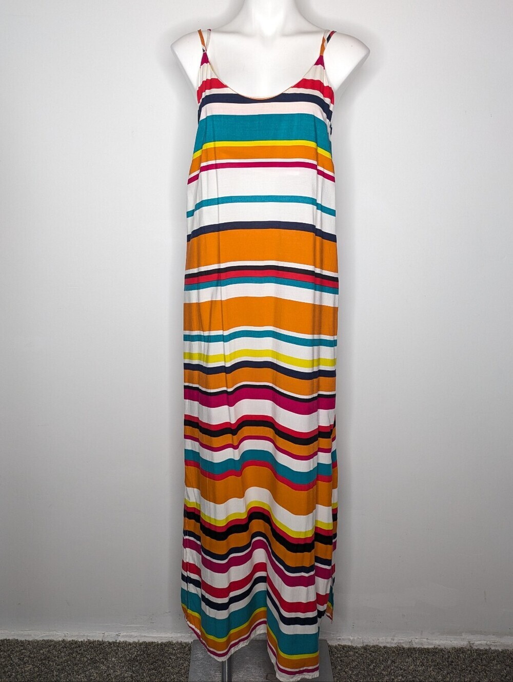 Fleur Bleue White Orange Blue Striped Spaghetti Maxi Summer Sun Dress 8